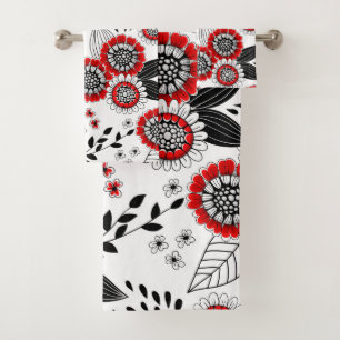 Conjunto De Toalhas Flores e folhas de rabo em vermelho e preto