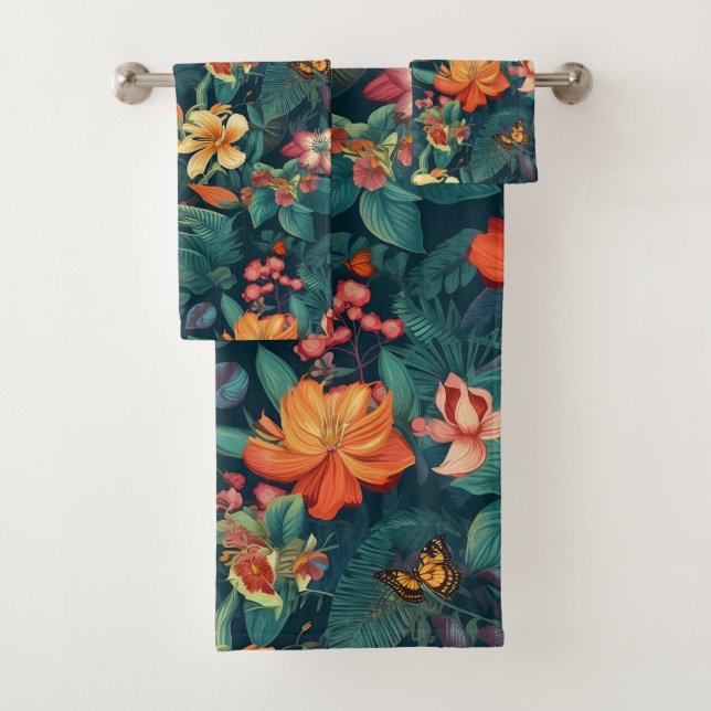 Conjunto De Toalhas Flores e Folhas Tropicais com Borboletas (Insitu)