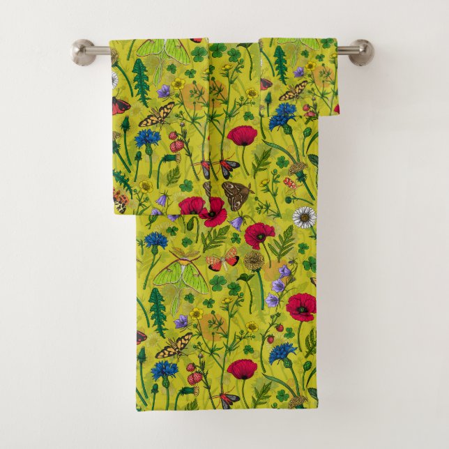 Conjunto De Toalhas Flores e mariposas selvagens em verde (Insitu)