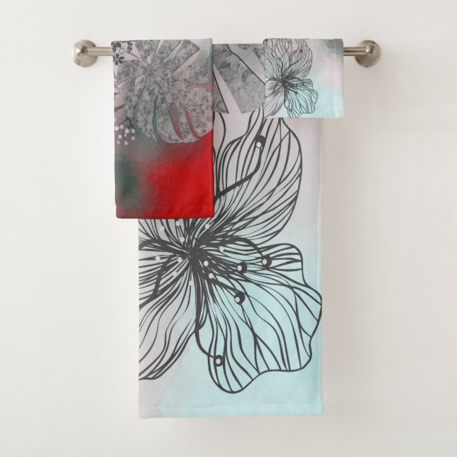 Conjunto De Toalhas Flores esboçadas com abstrato folhas gradiente p f (Insitu)
