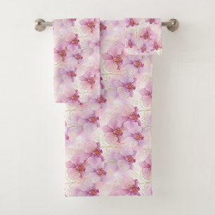 Conjunto De Toalhas Flores Florais de Orquídea Rosa Aquarela