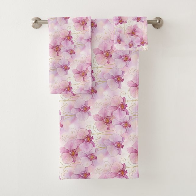 Conjunto De Toalhas Flores Florais de Orquídea Rosa Aquarela (Insitu)