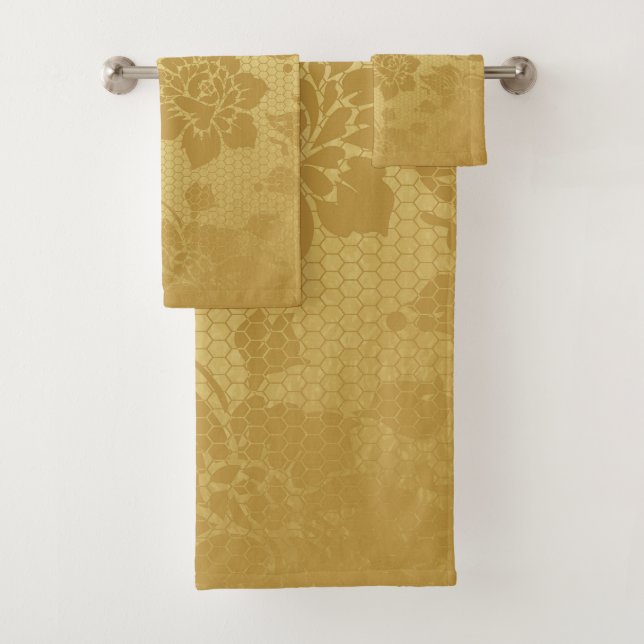 Conjunto De Toalhas Flores Florais Elegante do Ouro Dourado Honeycomb (Insitu)