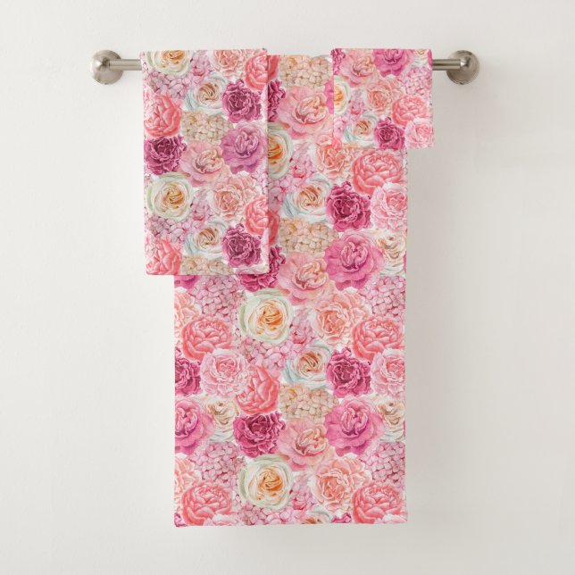 Conjunto De Toalhas Flores Florais Rosa Branco Magenta Elegante Boho (Insitu)