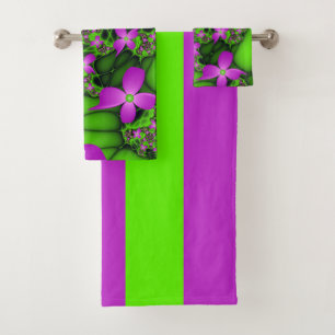 Conjunto De Toalhas Flores Fractais Modernas Abstratas Rosa Verde Neon