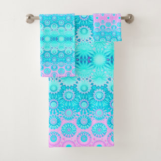 Conjunto De Toalhas Flores Geométricas Rosa e Azul