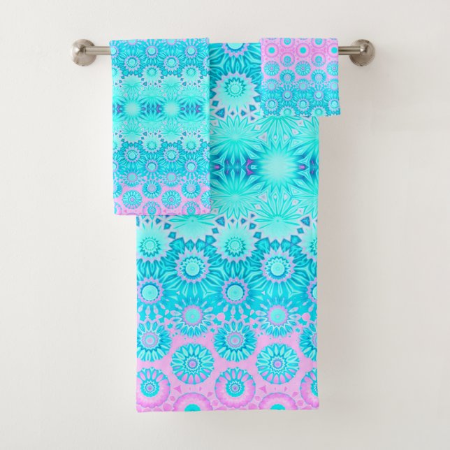 Conjunto De Toalhas Flores Geométricas Rosa e Azul (Insitu)