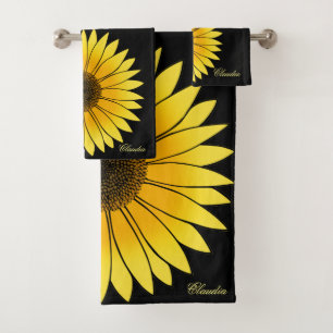Conjunto De Toalhas Flores Girassol Amarelo em Fundo Preto