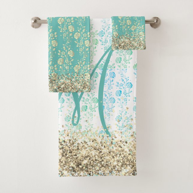 Conjunto De Toalhas Flores Gliter Monograma em Azul Turquesa (Insitu)