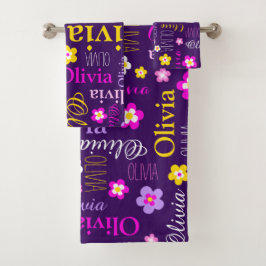Conjunto De Toalhas Flores gráficas e molécula de texto, púrpura, cor-