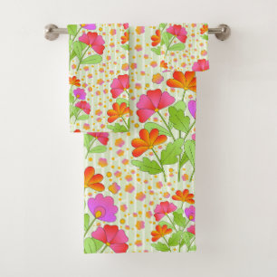 Conjunto De Toalhas Flores grandes de cor Pop cor rosa e laranja verde