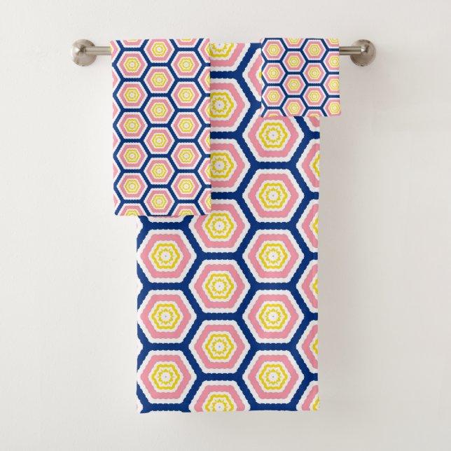 Conjunto De Toalhas Flores hexágonas padrão azul-rosa amarelo (Insitu)