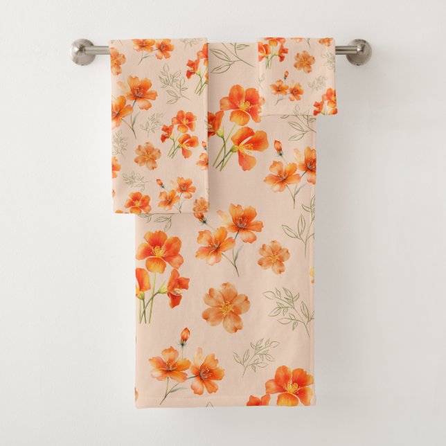 Conjunto De Toalhas Flores Laranja com Folhas Verdes (Insitu)