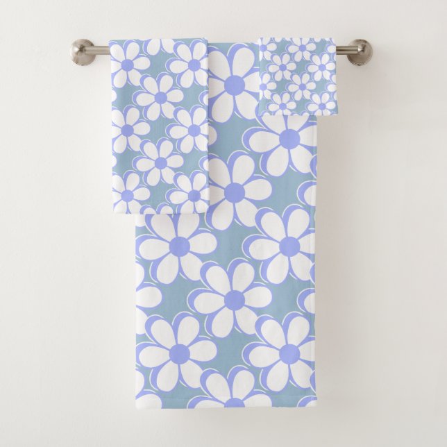Conjunto De Toalhas Flores Modernas Azuis Claras e Brancas (Insitu)