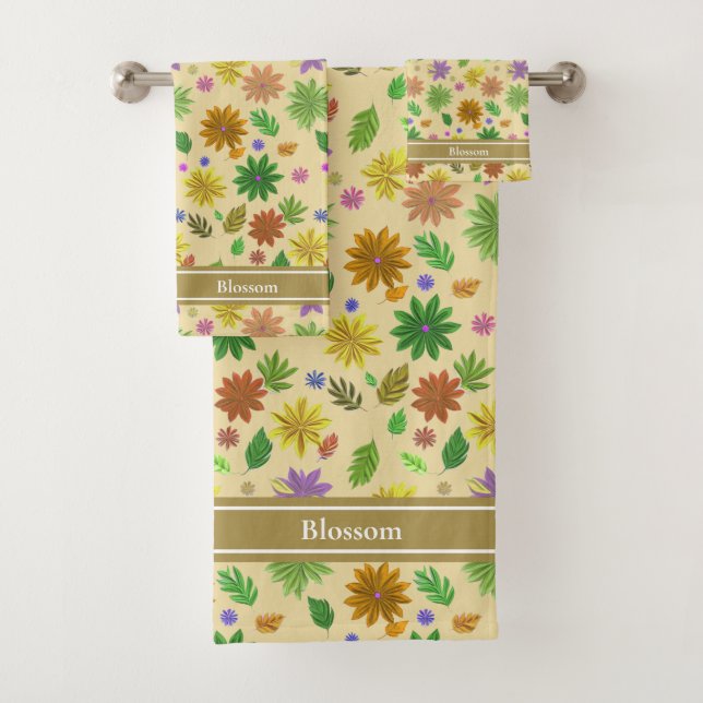 Conjunto De Toalhas Flores Modernas Elegantes e Texto em Bege Champanh (Insitu)