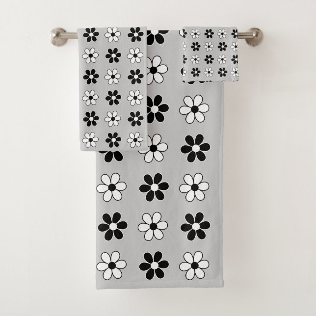 Conjunto De Toalhas Flores modernas em preto e branco em cinza pratead (Insitu)