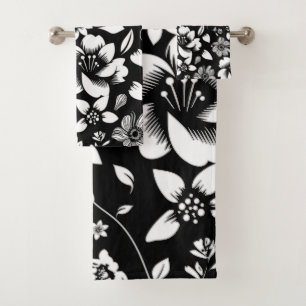 Conjunto De Toalhas Flores Modernas Pretas e Brancas Folhas Esvoaçante