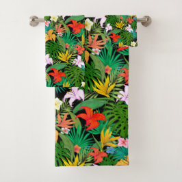 Conjunto De Toalhas Flores Multicoloridas & Folhas de Palmeira em Pret