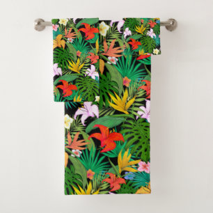 Conjunto De Toalhas Flores Multicoloridas & Folhas de Palmeira em Pret