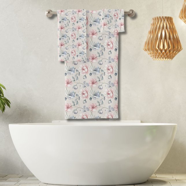 Conjunto De Toalhas Flores Pastéis Desbotados Rosa Azul Cinza Shabby C (Shabby Chic Pink Blue Gray floral bath towel set. Bath towel, hand towel, wash cloth)