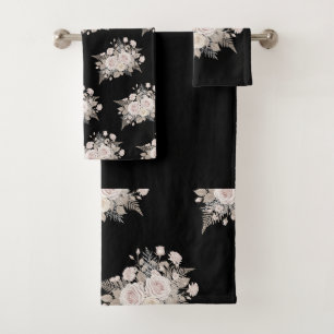 Conjunto De Toalhas Flores pretas e rosas banheiro decorativo moderno
