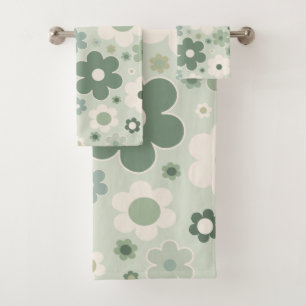 Conjunto De Toalhas Flores Retro Abstrato Verde Sage Floral