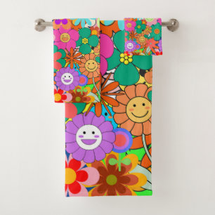 Conjunto De Toalhas Flores Retro Groovy Boho Hippie