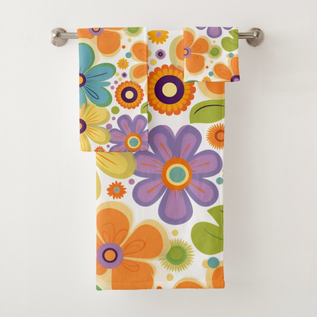 Conjunto De Toalhas Flores Retro Laranja Lilac e Verde (Insitu)