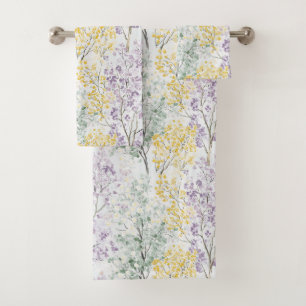 Conjunto De Toalhas Flores Românticas Lavanda Verde Amarelo
