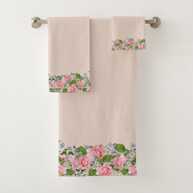 Conjunto De Toalhas Flores Rosa Bonitas em Areia Leve (Insitu)