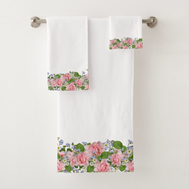 Conjunto De Toalhas Flores Rosa Bonitas em Branco (Insitu)
