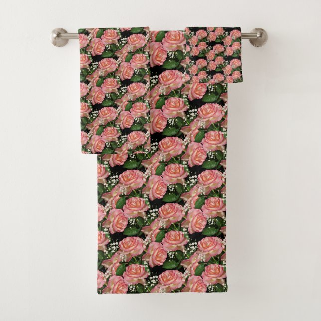 Conjunto De Toalhas Flores Rosa Bonitas em Preto (Insitu)
