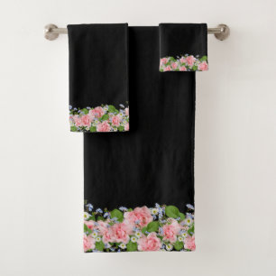 Conjunto De Toalhas Flores Rosa Bonitas em Preto