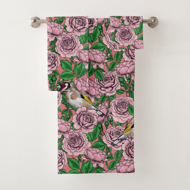 Conjunto De Toalhas Flores rosas rosa rosa e aves-pintadas (Insitu)