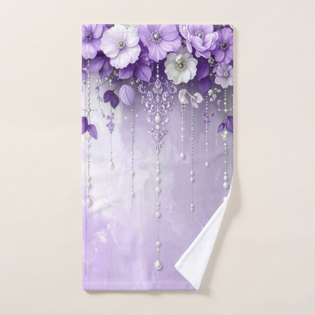 Conjunto de Toalhas Flores Roxas com Pérolas Pendu (Toalha de mão)