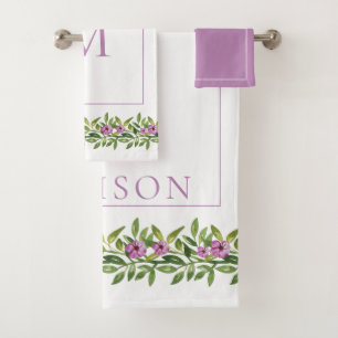 Conjunto De Toalhas Flores roxas da aguarela, monograma floral
