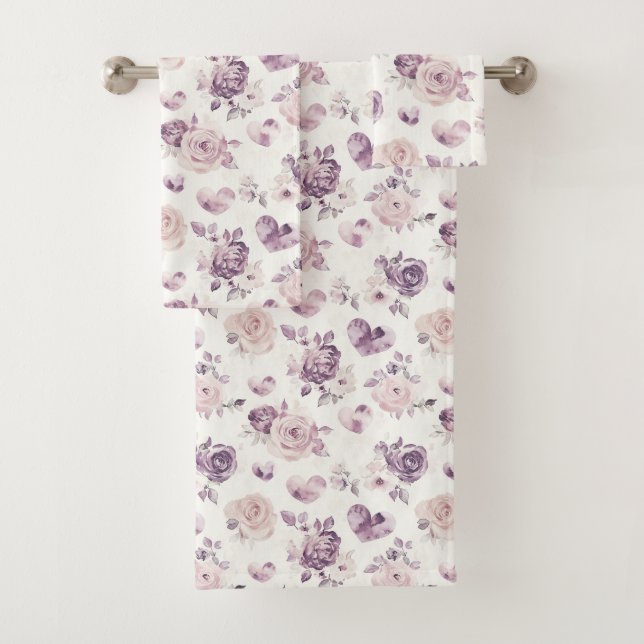 Conjunto De Toalhas Flores Roxas e Corações   (Insitu)