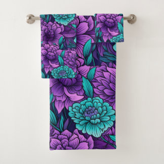 Conjunto De Toalhas Flores Roxas E Turquesa