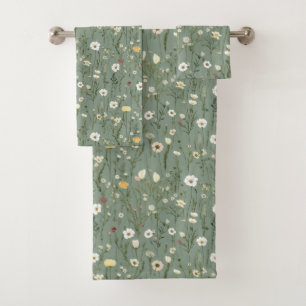 Conjunto De Toalhas Flores Silvestres Amarelas Brancas Verde Salvia Bo