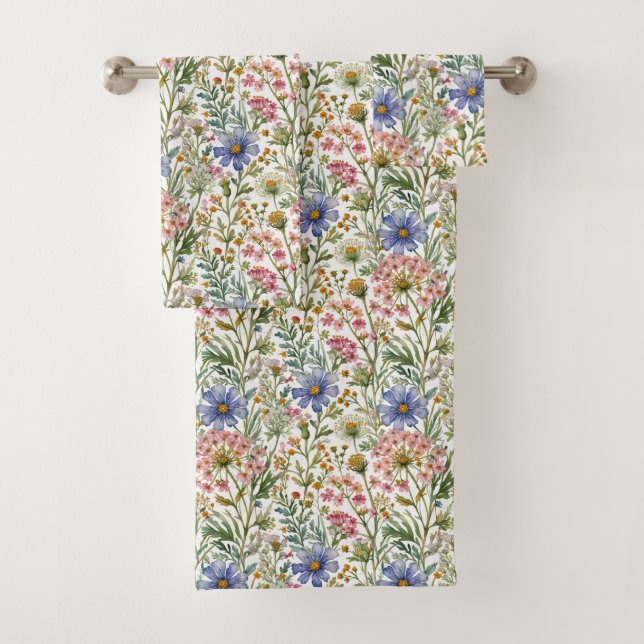 Conjunto De Toalhas Flores Silvestres de Aquarela Rosa e Azul (Insitu)
