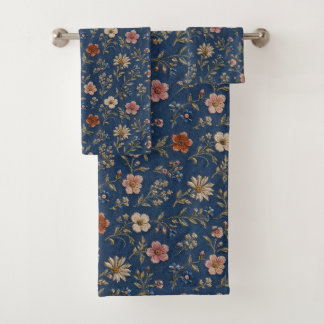 Conjunto De Toalhas Flores silvestres simples bordadas em fundo de jea