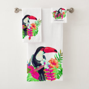 Conjunto De Toalhas Flores tropicais de aves coloridas tucanas Bath To