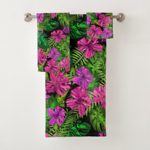 Conjunto De Toalhas Flores tropicais e plantas a preto