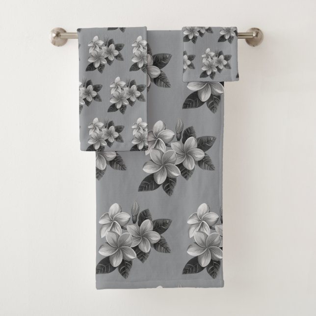 Conjunto De Toalhas Flores Tropicais Elegantes em Cinza Prata (Insitu)