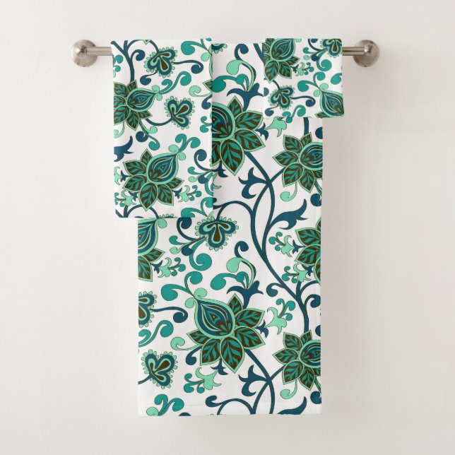 Conjunto De Toalhas Flores Verde E Teal Paisley (Insitu)