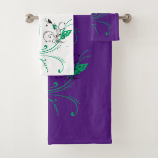 Conjunto De Toalhas Flores verdes sobre fundo roxo