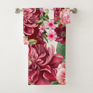 Conjunto De Toalhas Flores vermelhas aquáticas Elegante e verde
