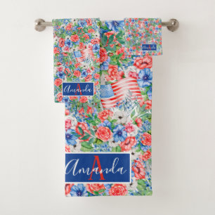 Conjunto De Toalhas Flores Vermelhas Brancas Azuis Monograma Nome 4 de