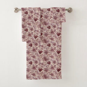 Conjunto De Toalhas Flores Vermelhas Burgundy Corações Creme