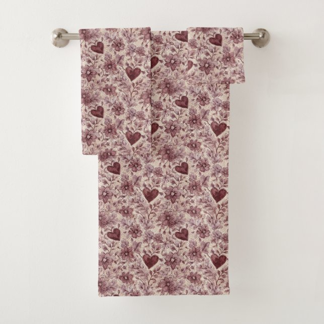 Conjunto De Toalhas Flores Vermelhas Burgundy Corações Creme (Insitu)